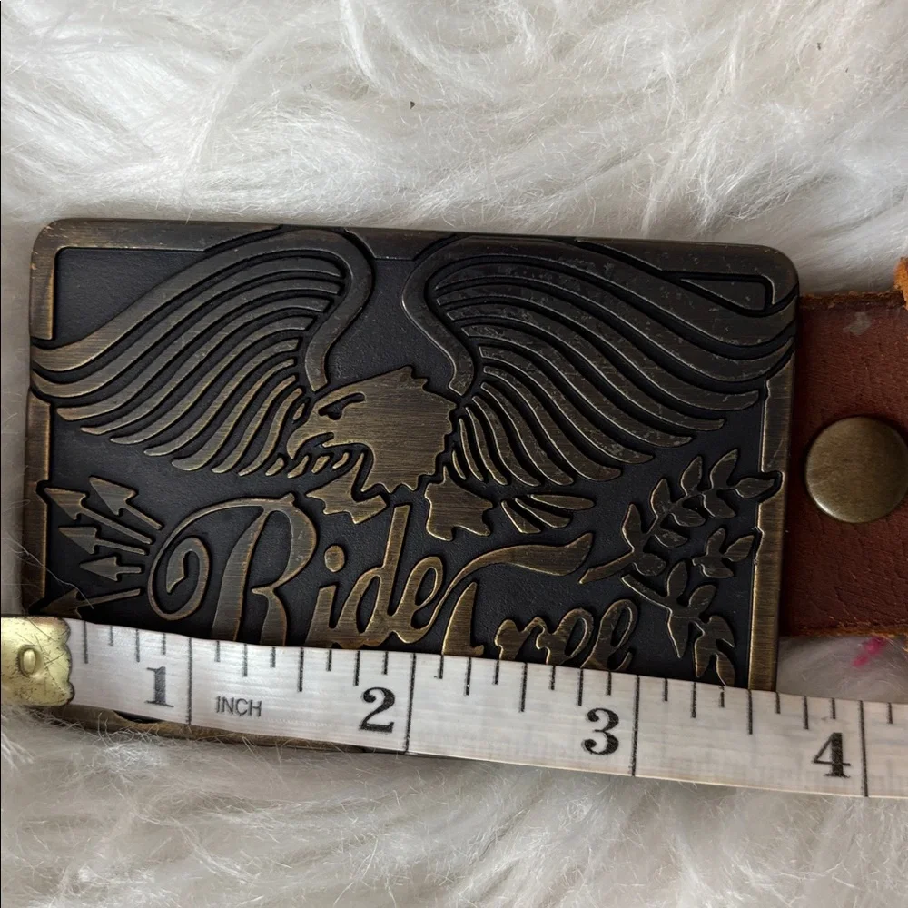 Vintage American Eagle Ride Free Brass Color Buckle & Brown Leather Belt
